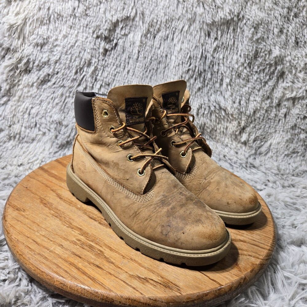 Timberland Boots Youth Sz 5 Classic Hiking Combat Beige Leather Waterproof A2725